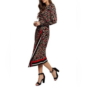 🆕 Dex Floral Print Midi Faux Wrap Dress in Boho Black Red Green